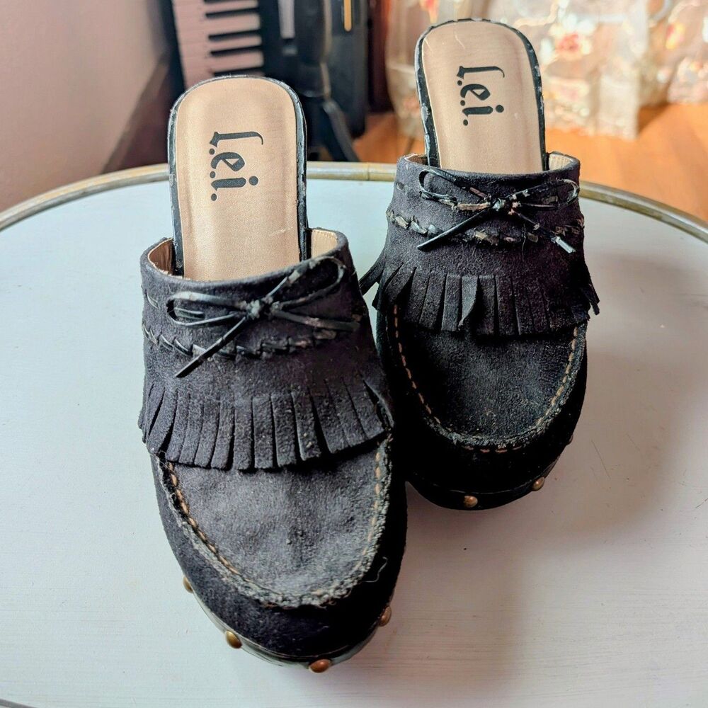 Lei Vintage Y2k Black Tassel Platform Mule Clog Heels